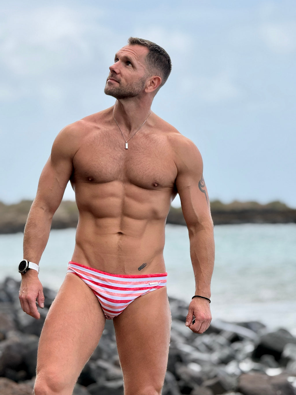 RED WATERCOLOUR STRIPE SWIM BRIEF by Sullios